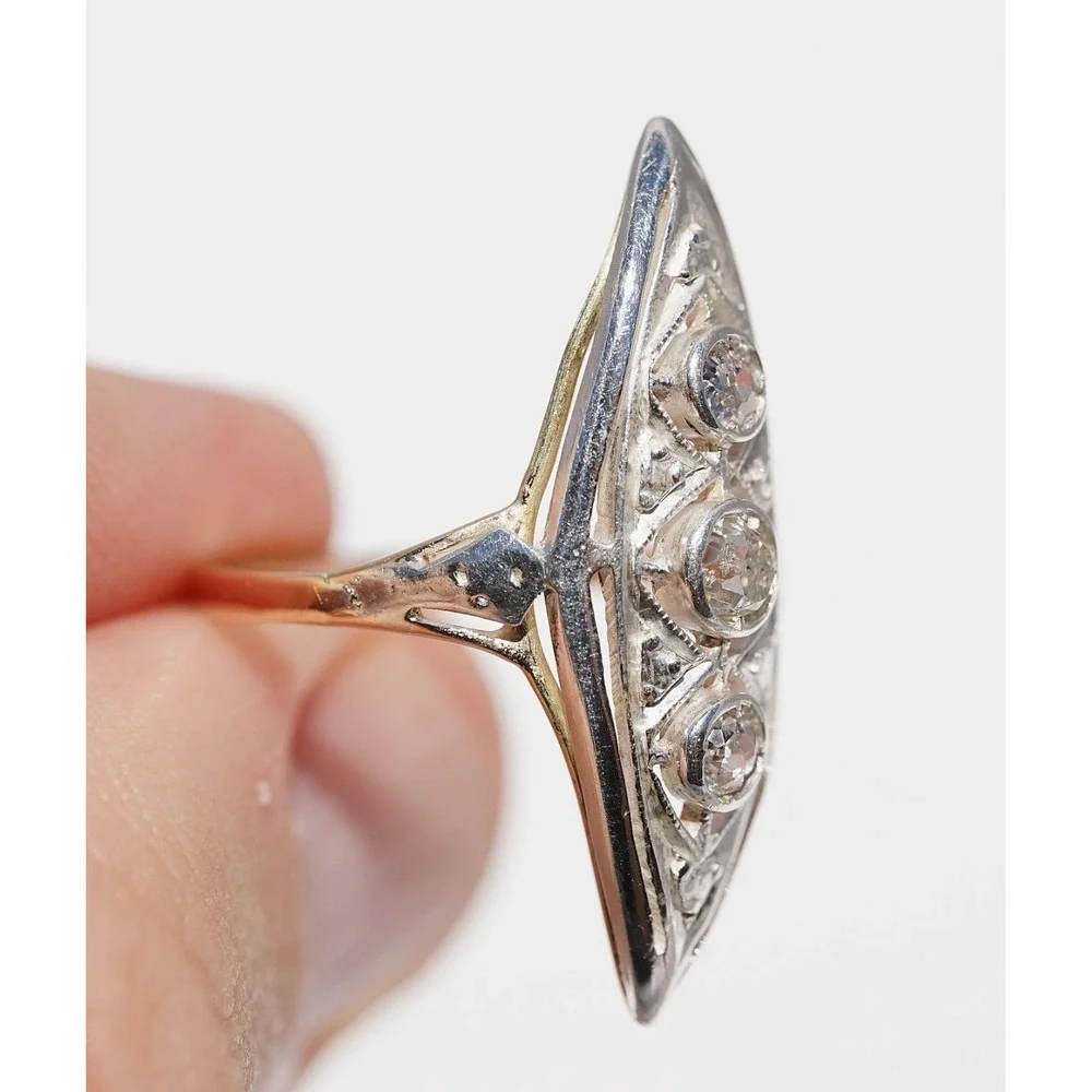 Antique Edwardian 12k Solid Gold Natural Old European Cut Ring Filigree Navette - Picture 8 of 10